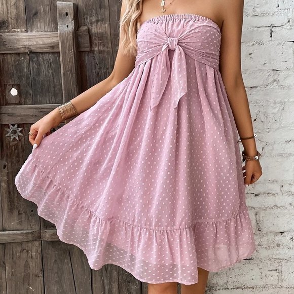 Dusty Pink Boho Womens Swiss Dot Knot Front Ruffle Hem Tube Dress - Picture 5 of 5